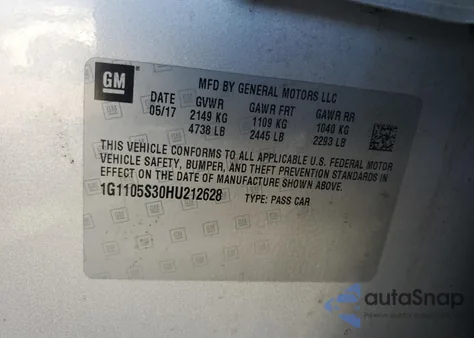 2017 Chevrolet Impala Lt from USA, damaged, VIN 1G1105S30HU212628